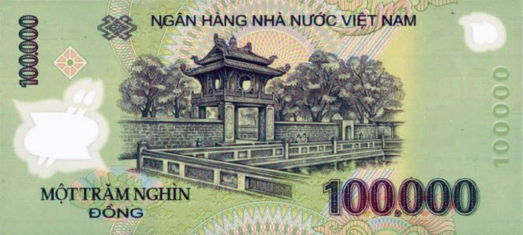 100.000VND note the image of Khue Van pavilion